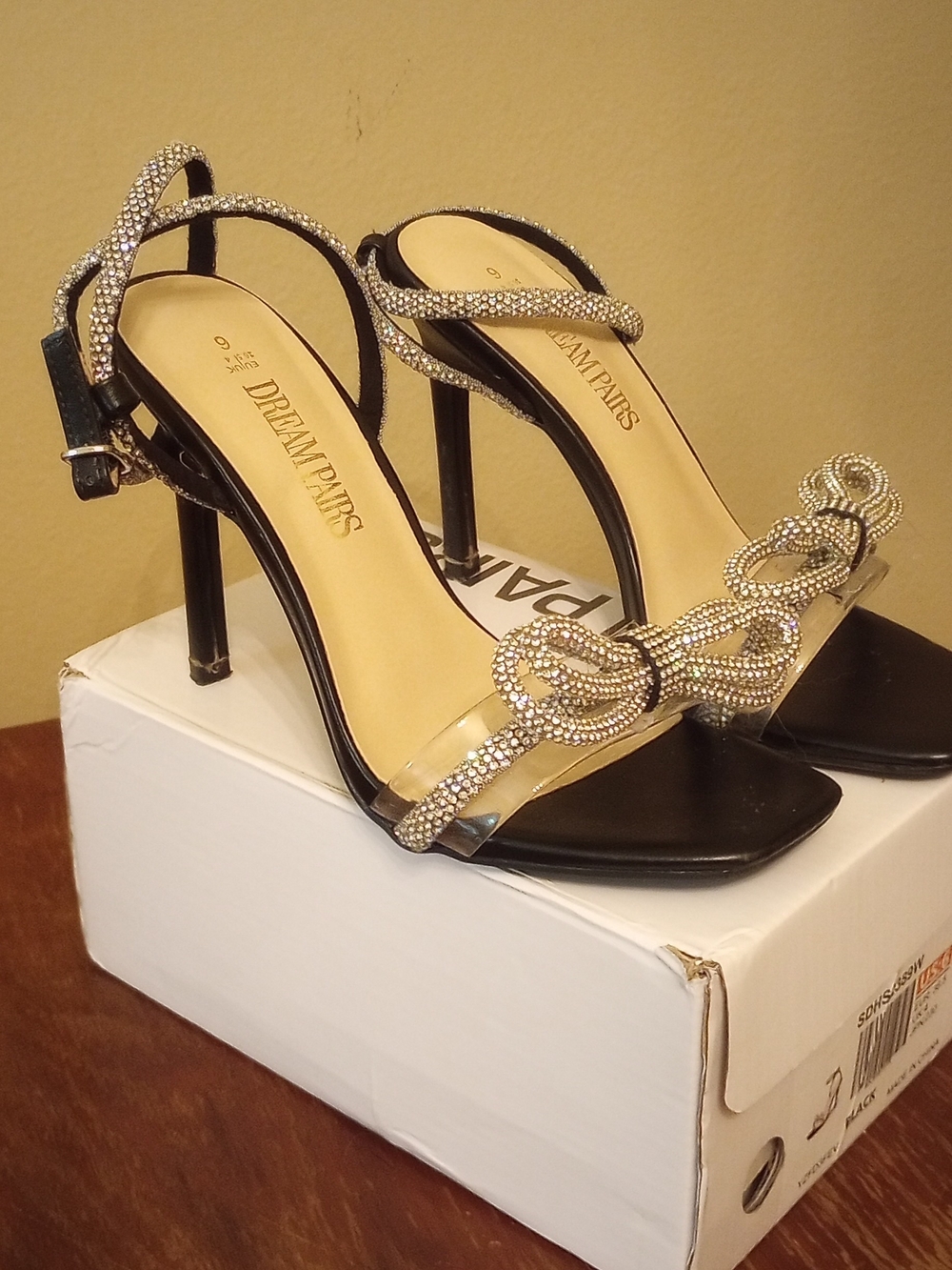 Dream Pairs Black Rhinestone Knotted Strappy Heels